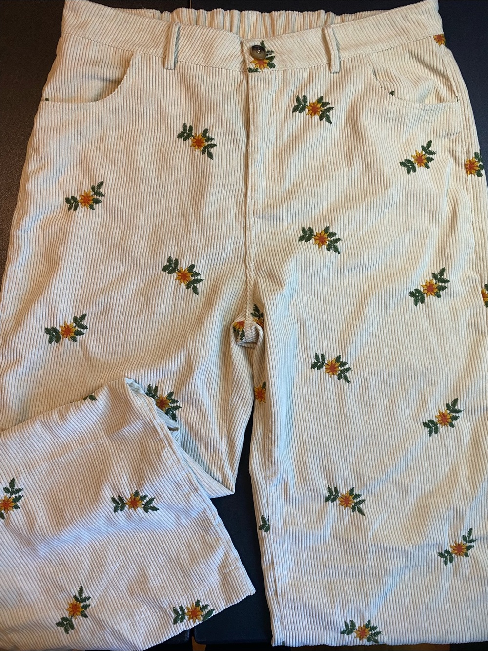 Embroidered Floral Corduroy Pants — Cream with Yellow & Green Flowers